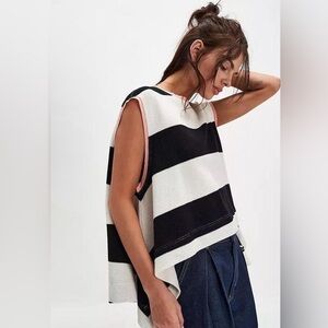 Free People Black & White Striped Sleeveless Knit Tank with Pink Trim